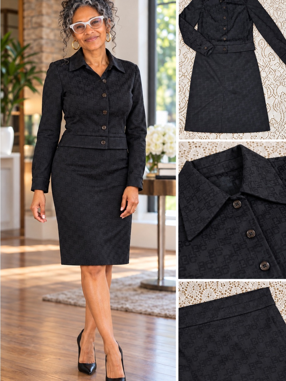 BCBGMaxAzria Black Logo Jacquard Skirt Set Size 2